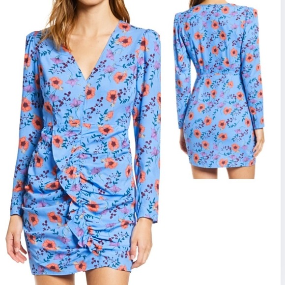 ASTR the Label Dresses & Skirts - ASTR the Label Vibrant Blue Floral Ruched V-Neck Long Sleeve Mini Dress Womens M
